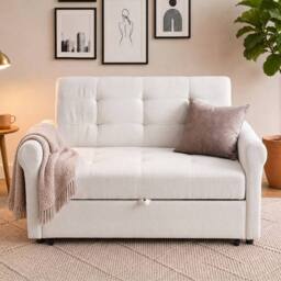 BTM 2 Seater Pull Out Sofa Bed Storage Pocket Rolling Casters in Off-White - thumbnail 7