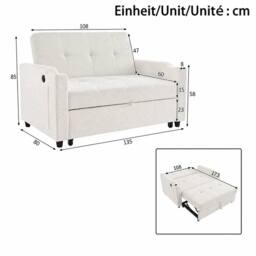 BTM 2 Seater Pull Out Sofa Bed Storage Pocket Rolling Casters in Off-White - thumbnail 4