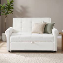 BTM 2 Seater Pull Out Sofa Bed Storage Pocket Rolling Casters in Off-White - thumbnail 2