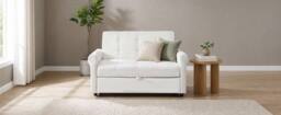 BTM 2 Seater Pull Out Sofa Bed Storage Pocket Rolling Casters in Off-White - thumbnail 8