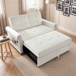 BTM 2 Seater Pull Out Sofa Bed Storage Pocket Rolling Casters in Off-White - thumbnail 3