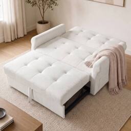BTM 2 Seater Pull Out Sofa Bed Storage Pocket Rolling Casters in Off-White - thumbnail 6