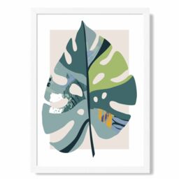 ARTZE Monstera Leaf Teal & Green Mid Century Modern Framed Print SIZE: A3 with White Frame - Size: A4 - thumbnail 1