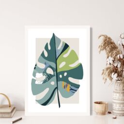 ARTZE Monstera Leaf Teal & Green Mid Century Modern Framed Print SIZE: A3 with White Frame - Size: A4 - thumbnail 2