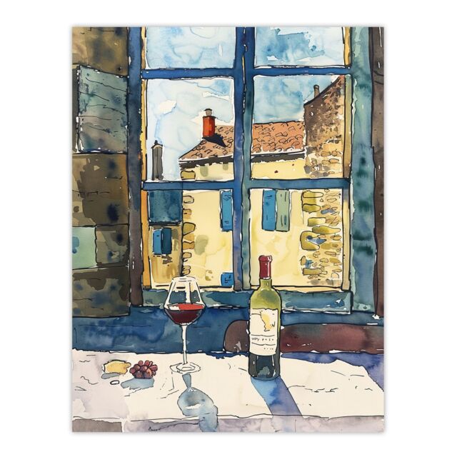 "Artery8 Bordeaux Wine Cheese Grapes Advert Watercolour Wall Art Print in Brown - Size: W12"" x H16""" - image 1