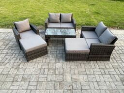 Fimous 7 Seater High Back Rattan Garden Furniture Sofa Sets with Rectangular Coffee Table 2 Big Footstool Loveseat Sofa Armchair Dark Grey Mixed - thumbnail 1