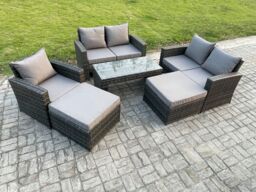 Fimous 7 Seater High Back Rattan Garden Furniture Sofa Sets with Rectangular Coffee Table 2 Big Footstool Loveseat Sofa Armchair Dark Grey Mixed - thumbnail 2