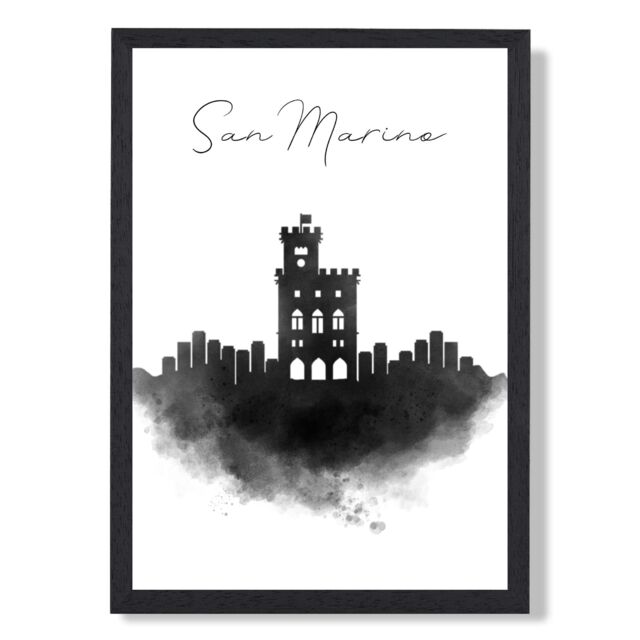 ARTZE San Marino Watercolour Skyline City Framed Print SIZE: A2 with Black Frame - Size: A4 - image 1
