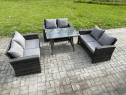 Fimous 6 Seater Rattan Wicker Garden Furniture Patio Conservatory Sofa Set with Rectangular Dining Table Love Seat Sofa in Dark Grey - thumbnail 1