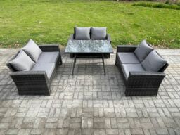 Fimous 6 Seater Rattan Wicker Garden Furniture Patio Conservatory Sofa Set with Rectangular Dining Table Love Seat Sofa in Dark Grey - thumbnail 2