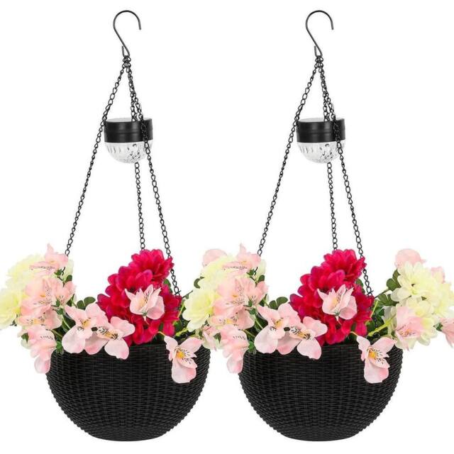 NESTLUNE 2 Solar Rattan Effect Hanging Basket W/ Warm White LED in Black - Size: 100 cm x 15 cm - image 1