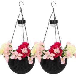 NESTLUNE 2 Solar Rattan Effect Hanging Basket W/ Warm White LED in Black - Size: 100 cm x 15 cm - thumbnail 1
