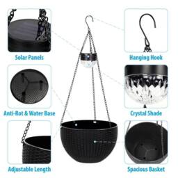 NESTLUNE 2 Solar Rattan Effect Hanging Basket W/ Warm White LED in Black - Size: 100 cm x 15 cm - thumbnail 2