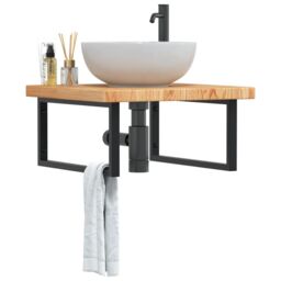 Berkfield Home Basin Shelf Wall Mounted Steel & Solid Wood Oak in Brown - thumbnail 1