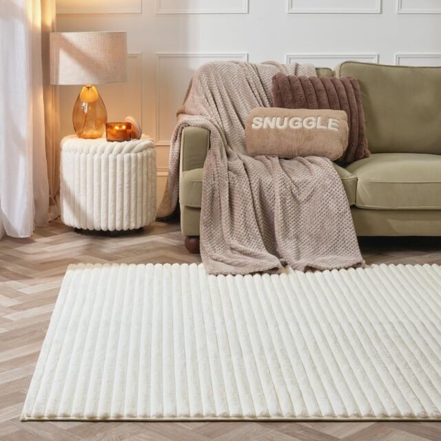 OHS Faux Fur Rug Ribbed Mat Luxury Carpet Anti Slip Runner in Cream - Size: 120 cm x 170 cm - image 1