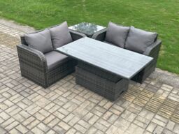 Fimous Outdoor Rattan Furniture Garden Dining Set Height Adjustable Rising lifting Table Love Sofa Set Dark Grey Mixed - thumbnail 2
