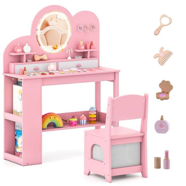 Gymax Princess Vanity Table & Chair With Lights Dressing Table For Aged 3+ in Pink - image 1