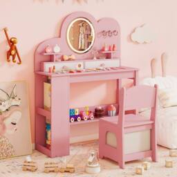 Gymax Princess Vanity Table & Chair With Lights Dressing Table For Aged 3+ in Pink - thumbnail 8