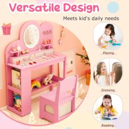 Gymax Princess Vanity Table & Chair With Lights Dressing Table For Aged 3+ in Pink - thumbnail 5