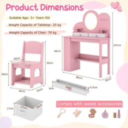 Gymax Princess Vanity Table & Chair With Lights Dressing Table For Aged 3+ in Pink - thumbnail 2