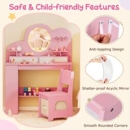 Gymax Princess Vanity Table & Chair With Lights Dressing Table For Aged 3+ in Pink - thumbnail 7