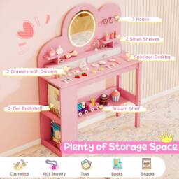 Gymax Princess Vanity Table & Chair With Lights Dressing Table For Aged 3+ in Pink - thumbnail 4