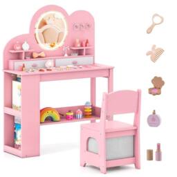 Gymax Princess Vanity Table & Chair With Lights Dressing Table For Aged 3+ in Pink - thumbnail 1