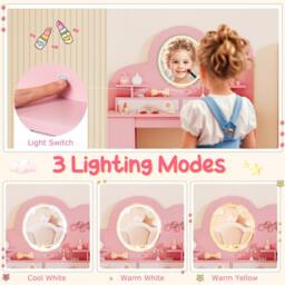 Gymax Princess Vanity Table & Chair With Lights Dressing Table For Aged 3+ in Pink - thumbnail 3