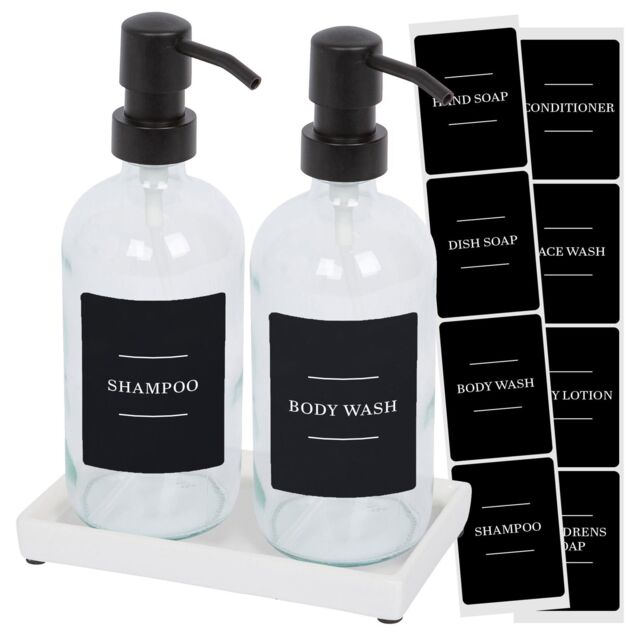 Harbour Housewares 2pc Glass Soap Dispenser Set with Ceramic Tray & Labels in Clear - image 1