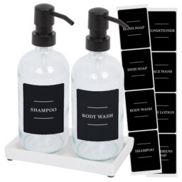Harbour Housewares 2pc Glass Soap Dispenser Set with Ceramic Tray & Labels in Clear - thumbnail 1
