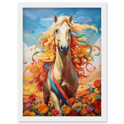 Artery8 Wall Art Print Girls Bedroom Nursery Artwork Fantasy Horse Colourful Mane Bright Bold Fun Happy Artwork Framed A4 in White - thumbnail 1