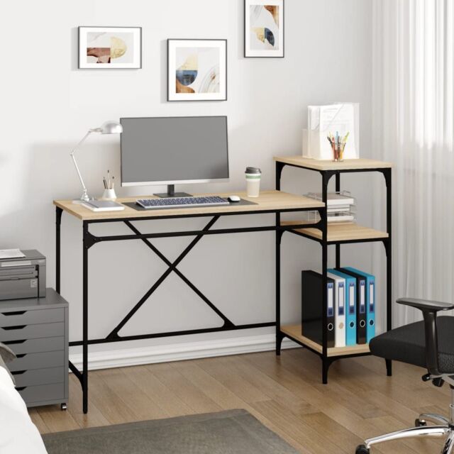Berkfield Home Desk with Shelves Sonoma Oak 135x50x90 cm Engineered Wood&Iron in Brown - Size: 135 x 50 x 90 cm - image 1