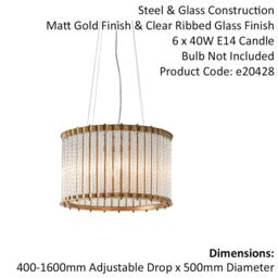 Loops Matt Gold Glass Tube Ceiling Chandelier - Decorative Glass Rods - 6 Bulb Fitting in Clear - thumbnail 2