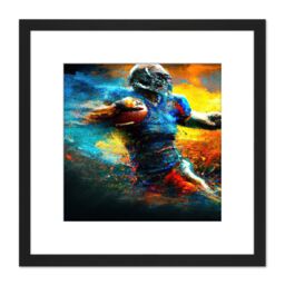 Artery8 American Football Action Sport Painting the Power Line Back Gridiron Blue Yellow Square Wooden Framed Wall Art Print Picture 8X8 Inch in Black - thumbnail 1