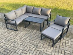 Fimous Aluminium Outdoor Garden Furniture Set Lounge Sofa Oblong Coffee Table Sets with Chair Big Footstool Indoor Conservatory Set Dark Grey - thumbnail 2