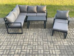 Fimous Aluminium Outdoor Garden Furniture Set Lounge Sofa Oblong Coffee Table Sets with Chair Big Footstool Indoor Conservatory Set Dark Grey - thumbnail 1