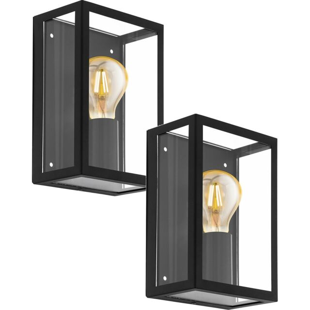 Loops 2 PACK IP44 Outdoor Wall Light Black & Glass Box 1x 60W E27 Porch Lamp - image 1