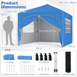 Gymax 300 x 300 cm Pop up Canopy Tent With 4 Removable Sidewall Sun Shelter in Blue - thumbnail 3