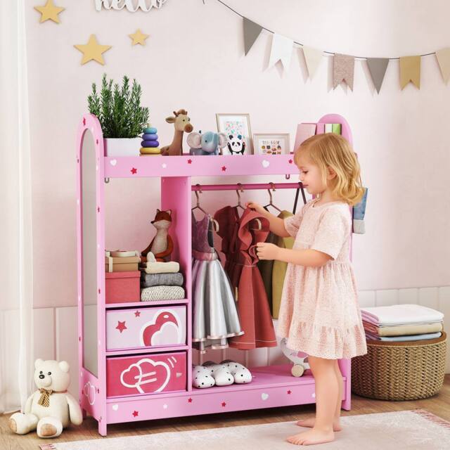 AIYAPLAY Kids Wardrobe, Kids Clothes Rail with Mirror for Bedroom, Pink - image 1