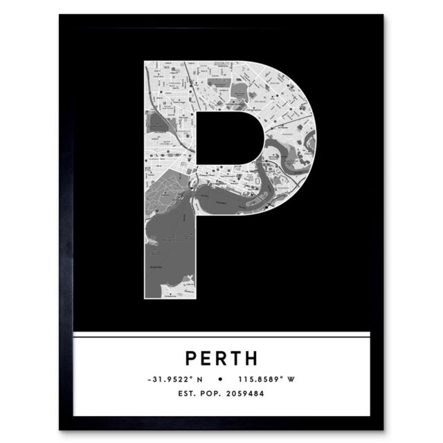 "Wee Blue Coo Wall Art Print Perth Australia City Map Modern Typography Stylish Letter Framed Word in Black - Size: W12"" x H16""" - image 1