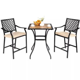 Costway 3 Pieces Patio Bar Set Bar Height Outdoor Bistro Set W/ 2 Upholstered Bar Stools in Brown