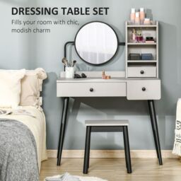HOMCOM Dressing Table Set with 3 Drawers, Storage shelves & Stool in Grey - thumbnail 6
