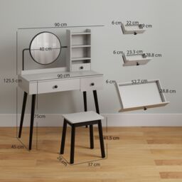 HOMCOM Dressing Table Set with 3 Drawers, Storage shelves & Stool in Grey - thumbnail 3