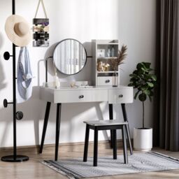 HOMCOM Dressing Table Set with 3 Drawers, Storage shelves & Stool in Grey - thumbnail 4