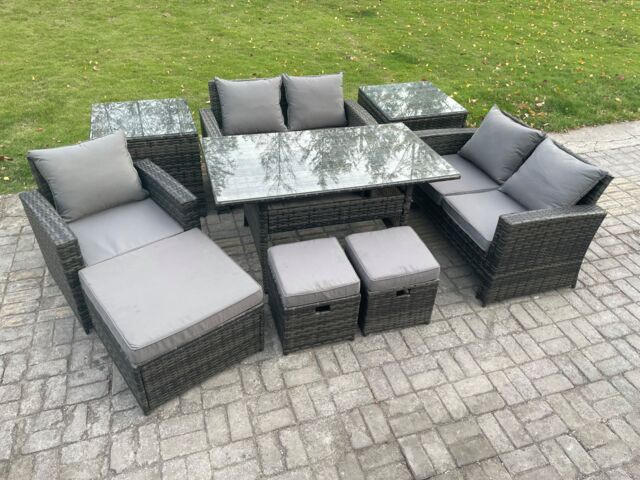 Fimous Outdoor Garden Dining Set Wicker PE Rattan Furniture Sofa with Dining Table Double Seat Sofa 2 Side Tables 3 Footstools Dark Grey Mixed