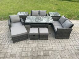 Fimous Outdoor Garden Dining Set Wicker PE Rattan Furniture Sofa with Dining Table Double Seat Sofa 2 Side Tables 3 Footstools Dark Grey Mixed - thumbnail 2