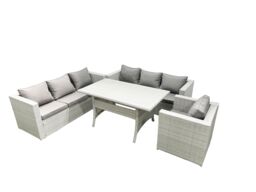 Fimous 4 Pieces Outdoor Rattan Sofa Set with Cushions Patio Garden Furniture Sets with Armchair Dining Table Light Grey Mixed - thumbnail 2