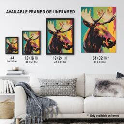 "Artery8 Wall Art Print Canadian Moose Psychedelic Animal Portrait Screen Artwork Vibrant Bold Bright Colourful Painting Poster - Size: W24"" x H32""" - thumbnail 3
