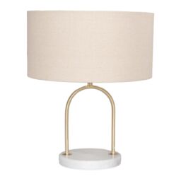 ValueLights Rachel Brushed Gold Arch Marble Base Table Lamp with Natural Lamp Shade & Bulb in Off-White - thumbnail 2