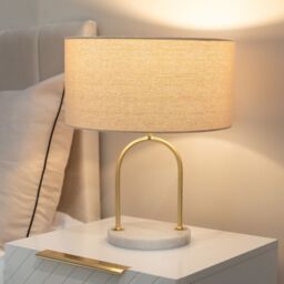 ValueLights Rachel Brushed Gold Arch Marble Base Table Lamp with Natural Lamp Shade & Bulb in Off-White